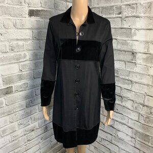 Vintage 90s Velvet Stripe Collar Cardigan S Black Button Front Duster Coatigan